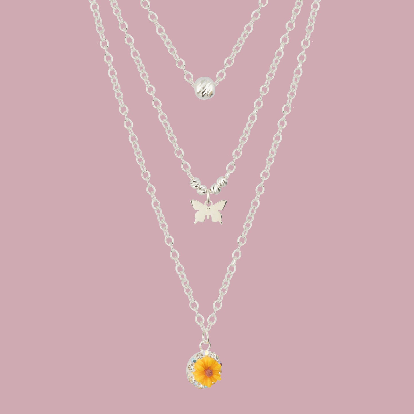 Collar Tres Niveles Mariposa con Girasol De Plata .925